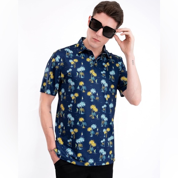 $3 💕5/$15 Navy Palm Tree Print Men's Golf Shirt, NEW - Picture 5 of 6